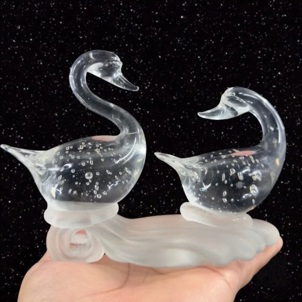 1980s Clear Art Glass Bird Duck Sculpture Figure On Frosted Bottom W Bubbles‎